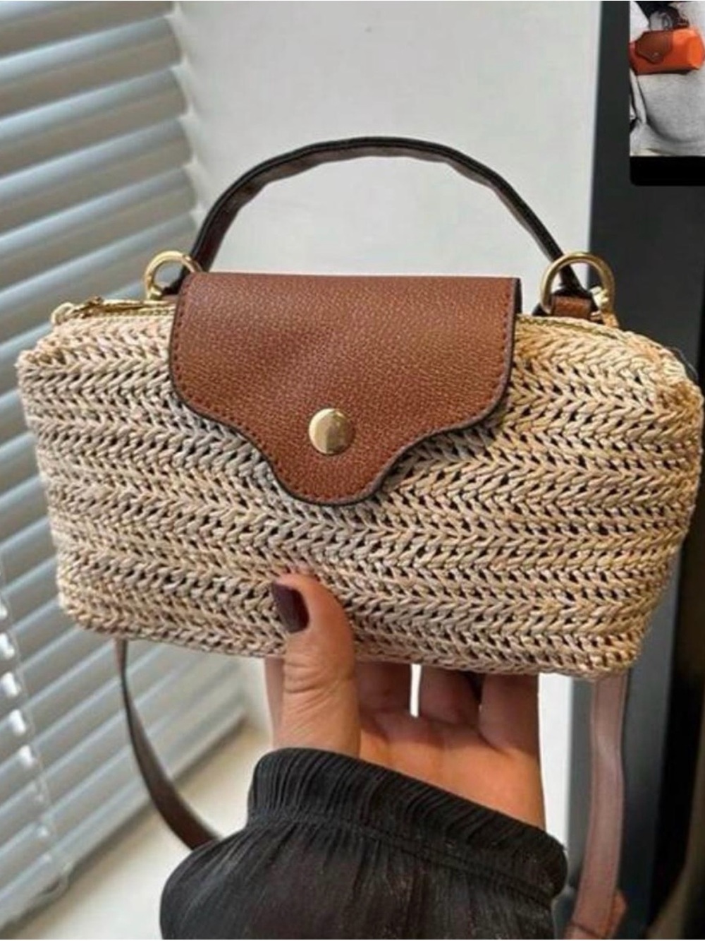SHEIN Woven Mini Bag with Brown Leather Flap